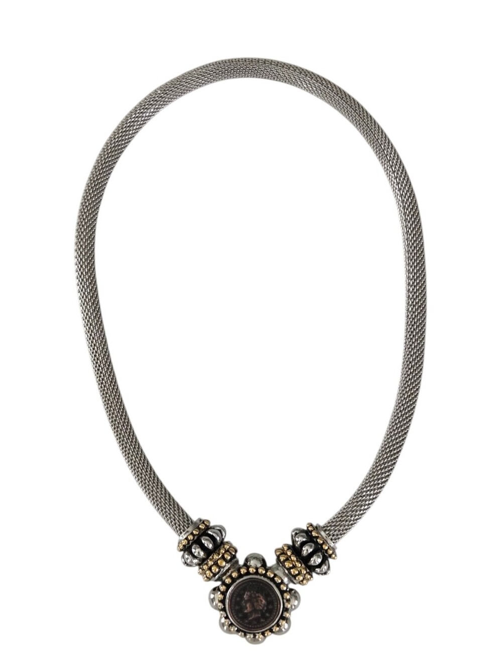 Vintage Two-Tone Mesh Coin Choker Necklace Silver Gold Statement Collar